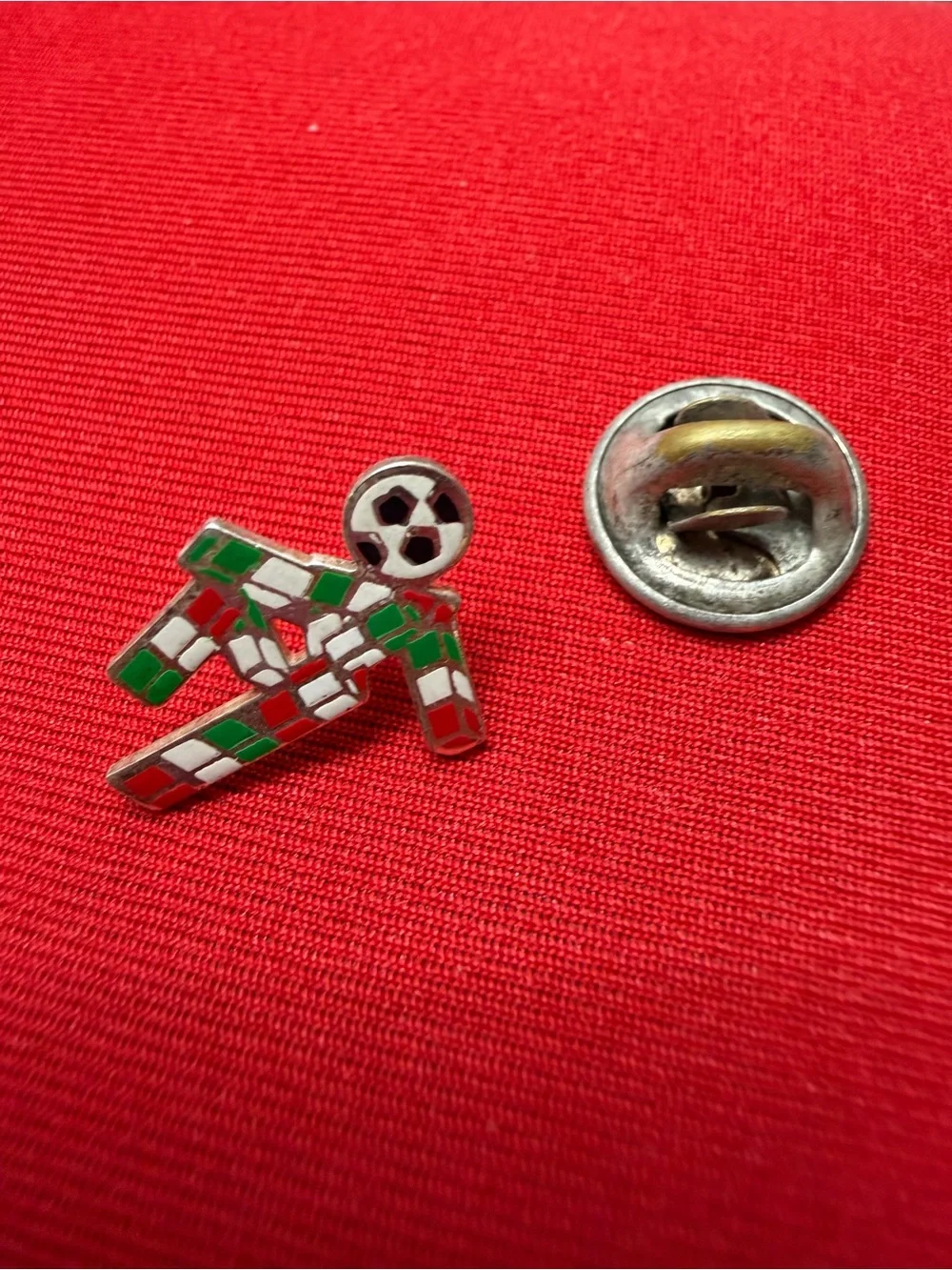 #OMINO ,Silver & Enamel Soccer Player Pin in Red, Green & White 1982